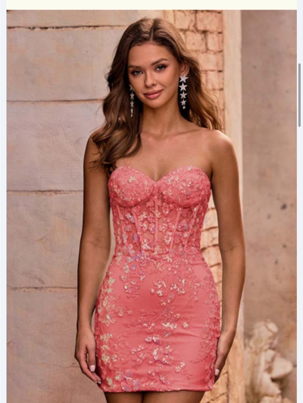 Strapless Coral Floral Appliqué Mini Dress